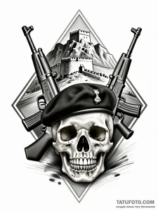 Эскиз татуировки: гиперреалистичный череп в берете, АК-47 и СВД на фоне горной крепости.