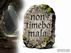 Эскиз татуировки в виде древнего камня с надписью 'non timebo mala' на готическом шрифте, покрытого мхом и плющом.