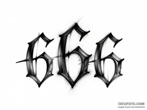 Эскиз татуировки "666" в стиле блэкворк с мягкой тенью и чистыми линиями, выполненный в монохромной палитре.
