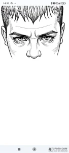 Тату-эскиз: реалистичное изображение мужского лица с пронзительным, грустным взглядом, выполненное в стиле черно-белой графики.