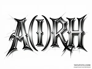 Эскиз татуировки "A(II)RH" в стиле биомеханика с готическими элементами, объемный 3D эффект, черно-белый