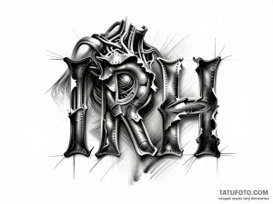 Эскиз татуировки в стиле биомеханики с элементами torn leather, изображающий буквы A(II)RH, с детальной прорисовкой и игрой света.