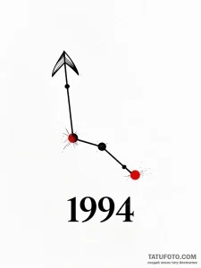 Эскиз татуировки созвездия Стрельца и года рождения 1994 в стиле гравюры с красными акцентами.