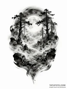 Тату-эскиз мистического горного пейзажа с луной, туманом и деревьями, символизирующий Шамбалу и Нирвану.