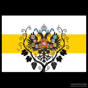 Эскиз татуировки двуглавого орла с гербами и виноградной лозой, исполненный в стиле минимализм, реализм, треш-полька, черно-белый, блэк энд грей, с акцентами красного и черного.
