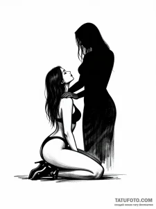 Эскиз татуировки в стиле минимализм, изображающий сцену BDSM-подчинения с доминирующей фигурой и преклонившей колени.