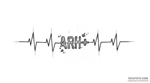 Эскиз татуировки "ARH+" на фоне линии кардиограммы, выполненный в стиле графики