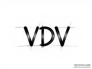 Минималистичный эскиз татуировки "VDV" в стиле стик-н-поук, выполненный черной краской на белом фоне с легкой текстурой.