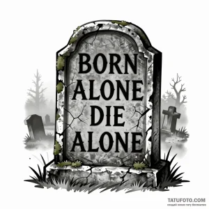 Эскиз татуировки в стиле Чикано: потрескавшееся надгробье с надписью "Born Alone Die Alone" на фоне туманного кладбища.