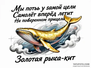 Эскиз татуировки с золотой рыбой-китом, летящим самолетом и текстом "Мы почти у самой цели"