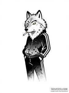 Тату-эскиз волка из мультфильма 'Ну, погоди!' в спортивном костюме Adidas, курящего сигарету, в стилях Trash Polka, Japanese Ornamental, New School.