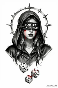 Эскиз татуировки: слепая женщина в капюшоне с надписью "Fortes Fortuna Adiuvat", окровавленная повязка, терновый венец и падающие кости.