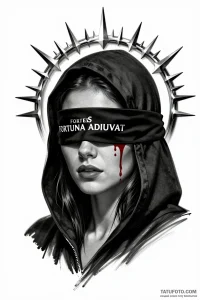 Эскиз татуировки мистической женщины в капюшоне с повязкой "Fortes Fortuna Adiuva" и каплями крови.