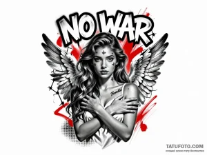 Эскиз татуировки ангела с крыльями и надписью 'No War' в стиле Trash Polka