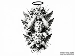 Эскиз тату в стиле Trash Polka: три головы ангелов, одна закрывает глаза крестами, другая уши, третья кричит, с трещинами и брызгами чернил.