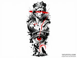 Эскиз татуировки: сюрреалистичная композиция в стиле трэш-полька с античной статуей, часами, глазом и волком.
