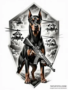 Эскиз татуировки: menacing Doberman Pinscher с оружием, на фоне вертолетов, в геометрической рамке.