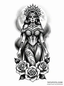 Тату-эскиз Santa Muerte в стиле Чикано реализм на фоне полной луны с розами, детальная графика.