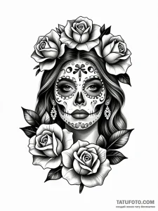 Эскиз татуировки в стиле чикана Santa Muerte с розами, гиперреалистичный, черно-белый, тонкие линии.