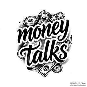 Эскиз татуировки в стиле чикано с надписью "Money Talks", монетами, купюрами и драгоценным камнем.
