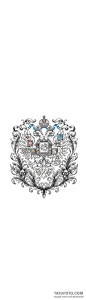 Эскиз татуировки в стиле графика с элементами дотворка, изображающий двуглавого орла с короной и гербовыми щитами.