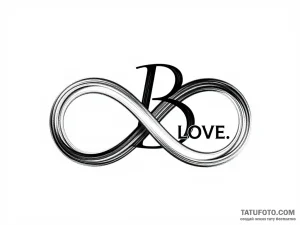 Эскиз татуировки: символ бесконечности, сливающийся с буквой B и словом LOVE, в стиле тонких линий.