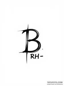 Эскиз татуировки B RH- в стиле минималистичной линейной графики, выполненный тонкими линиями с высоким контрастом на белом фоне.