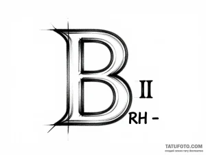 Эскиз татуировки B III RH- в стиле old-school, черно-белый, с 3D эффектом, на чистом белом фоне.