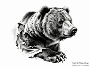 Тату-эскиз реалистичного медведя с рвущейся тканью и острыми когтями, выполненный в стиле тонкой линии и объемных теней.
