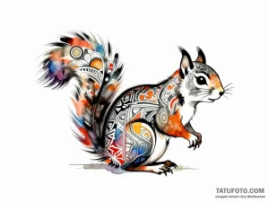Эскиз татуировки стилизованной белки, сочетающей акварельные мазки и сложный геометрический орнамент.