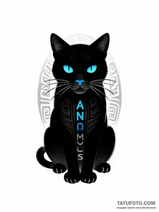 Тату-эскиз черного кота в стиле блэкворк с синими глазами и надписью 'ANIMUS', окруженный полинезийскими узорами.