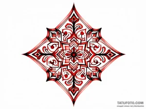 Эскиз татуировки в форме ромба с индийскими мотивами, выполненный в акварельной технике красным и черным цветом.
