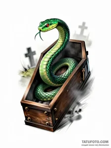 Эскиз татуировки: изумрудная змея, обвивающаяся вокруг старого деревянного гроба, с размытым фоном кладбища.