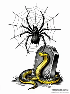 Тату-эскиз в стиле блэкворк: menacing spider hanging from web above tombstone with yellow snake coiled around it.