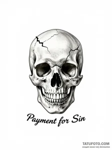 Эскиз татуировки черепа с трещинами и надписью "Payment for Sin" в стиле минимализм, черно-серая графика.