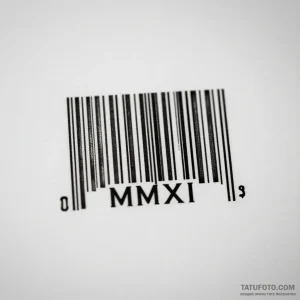 Тату-эскиз реалистичного штрихкода с римскими цифрами MMXI (2011) и металлическим блеском.