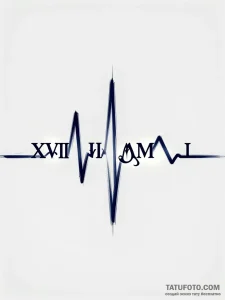 Эскиз татуировки в виде стилизованной линии ЭКГ с римскими цифрами XVIII, VI, MMXI, напоминающий о времени и памяти.