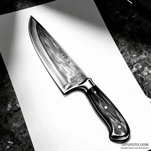 Эскиз татуировки старого кухонного ножа в черно-белом стиле, с детализированным лезвием и деревянной ручкой.