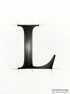 Эскиз татуировки буквы "L" в стиле Black & Grey с текстурой бумаги и тенями