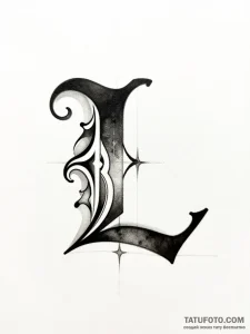Эскиз татуировки буквы "L", сочетающий стили Blackwork, Японский и Акварель, с орнаментальными элементами.