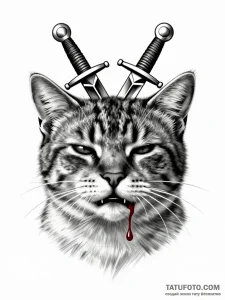 Реалистичный эскиз татуировки кота с закрытыми глазами, клинками над головой и каплей крови.