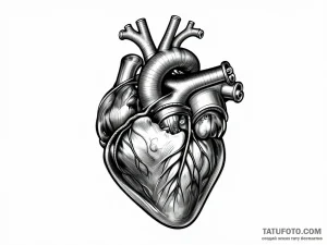 Эскиз татуировки биомеханического сердца, сочетающего органические ткани и механические детали, в стиле дарк-сай-фай.