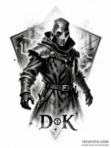 Эскиз татуировки Чумного Доктора в стиле S.T.A.L.K.E.R. с маской, балахоном и надписью "D®K".