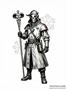 Эскиз татуировки чумного доктора с элементами S.T.A.L.K.E.R. и стимпанка, изображенный как эмблема.