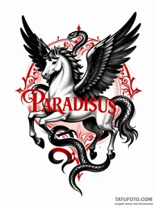 Тату-эскиз: мифический Пегас, обвитый черным змеем, с надписью "PARADISUS" в красном цвете, стиль блэкворк.