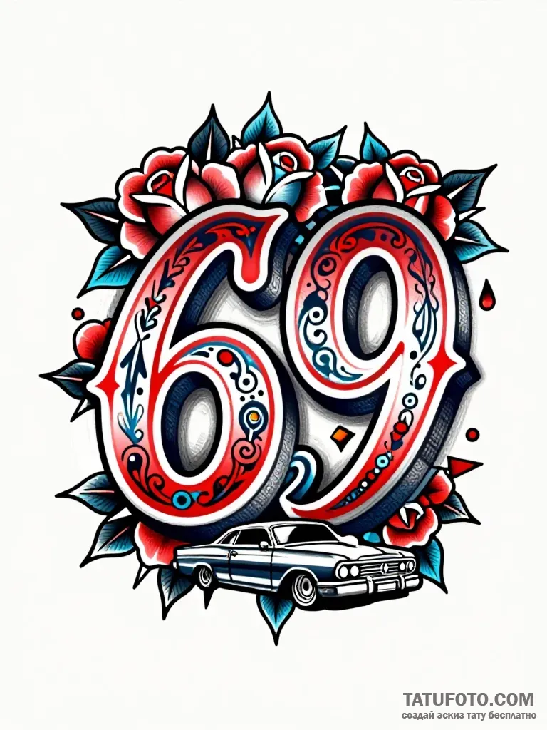Эскиз тату «69»: Чикано-стиль с розами и лоурайдером — Мастер №5 — 16.09.2026 03-58