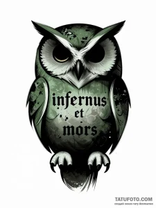 зелена сова з заплющеними очима, напис infernus et — Зим Квин — чикано — цветная приглушенная [70257e]