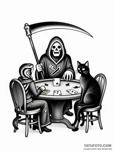 Эскиз тату: Смерть, змея и кот за игрой — Мастер №5 — 16.09.2026 14-57