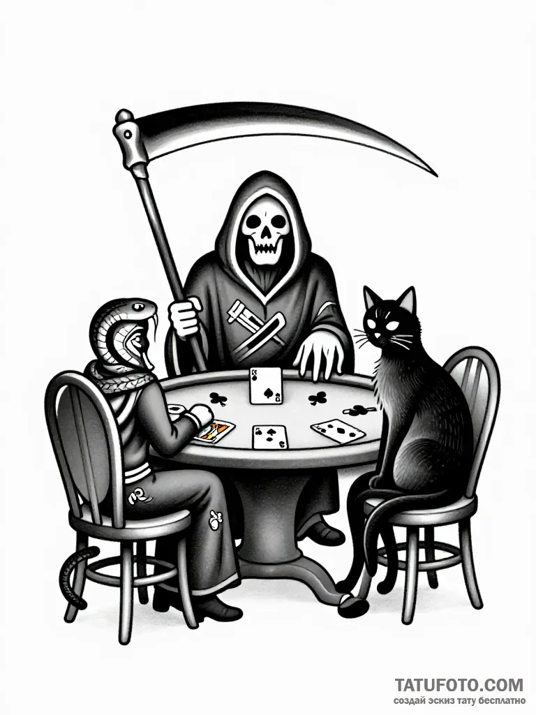 Эскиз тату: Смерть, змея и кот за игрой — Мастер №5 — 16.09.2026 14-57