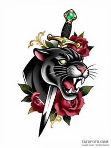 Neo-traditional tattoo design, snarling black pant — Зим Квин — блэкворк — дотворк [ceff14]